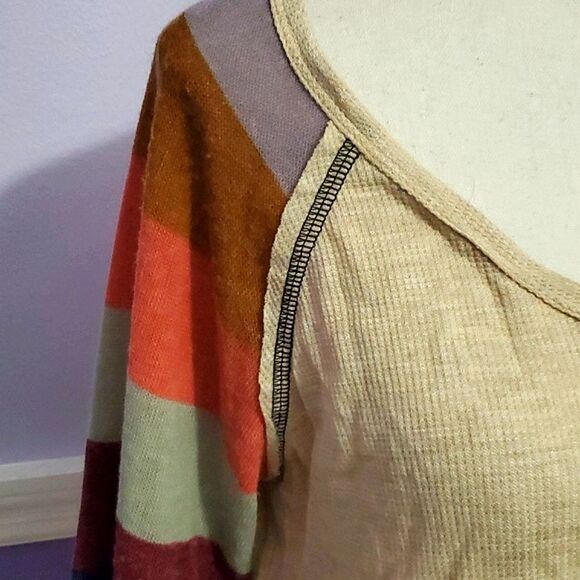 Twenty Ten Boho Trendy Tan & Striped Balloon Sleeves Flowy Waffle Sweater Top - Picture 3 of 9